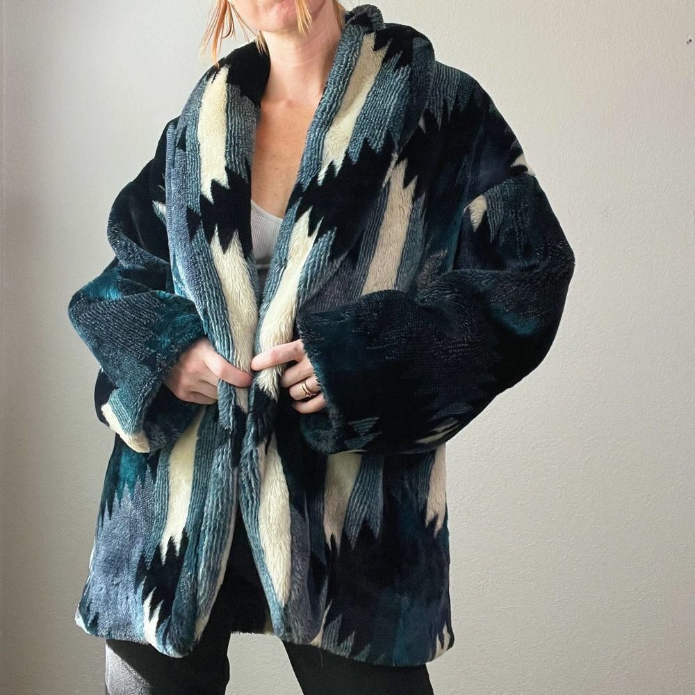 Vintage Style Blue Striped Boho Printed Teddy Open Front Coat